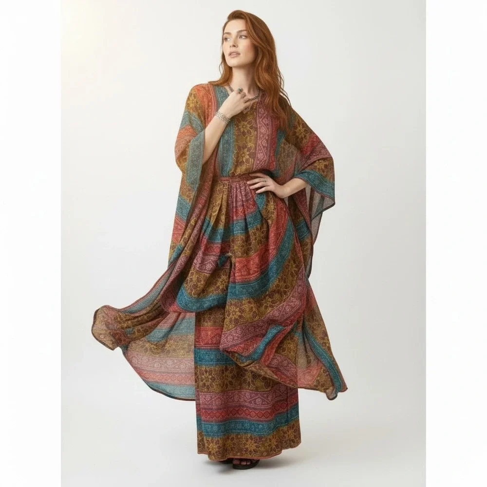 Boho Kaftan and Maxi Skirt Set Upcycled Vintage 70s One Size Fits Up to 3XL - Picture 16 of 16